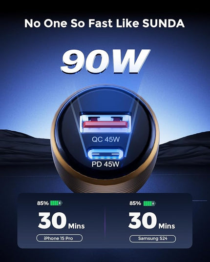 SUNDA 90W USB C Fast Car Charger, 2-Port Car Adapter, PD45W/QC45W QC 3.0 Phone Charger for iPhone 17/16 Pro/Max/iPhone 15/Laptop/Galaxy/Samsung S25/S24 (Gold)