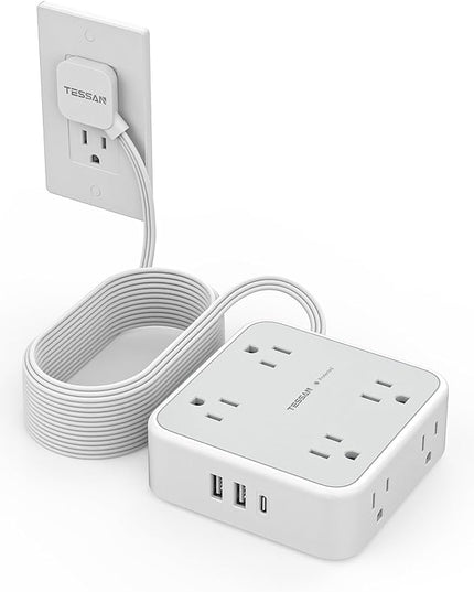 Flat Plug 20 FT Long Extension Cord, TESSAN Ultra Thin Power Strip Surge Protector with 8 AC Outlets, 900J, 3 USB Charger(1 USB C), Multi Port Charging Station for Home, Office, Dorm Room Essentials