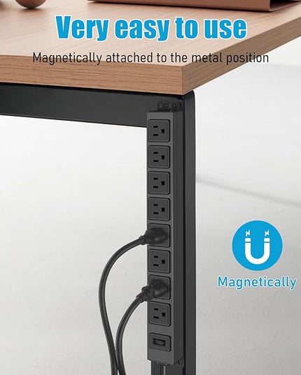 HHSOET Magnetic Mount Power Strip, 8 Outlet Mountable Socket, Metal Heavy Duty Surge Protector, Gaming Table Outlet, Easy to Fix Without Drilling or Taping, 3FT Extension Cord.(Black)