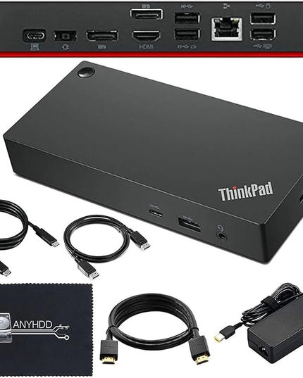 40AY0090US Lenovo Thinkpad Docking Station Dual Monitor - Supports 4K Display, Thinkpad Dock with 90W Adapter, HDMI, DisplayPort, USB C Cables & Cloth - Lenovo Docking Station