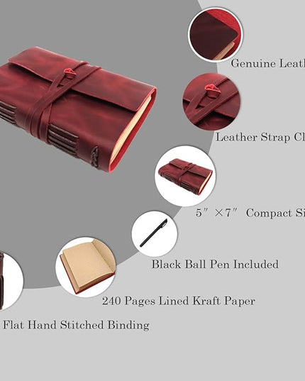 Red Notebook Journal - Genuine Leather Journals for Writing Small Size Diary 5.5x7.5 Inch, Notepad For Women and Man, Gifts,Work,Travel Wine Red