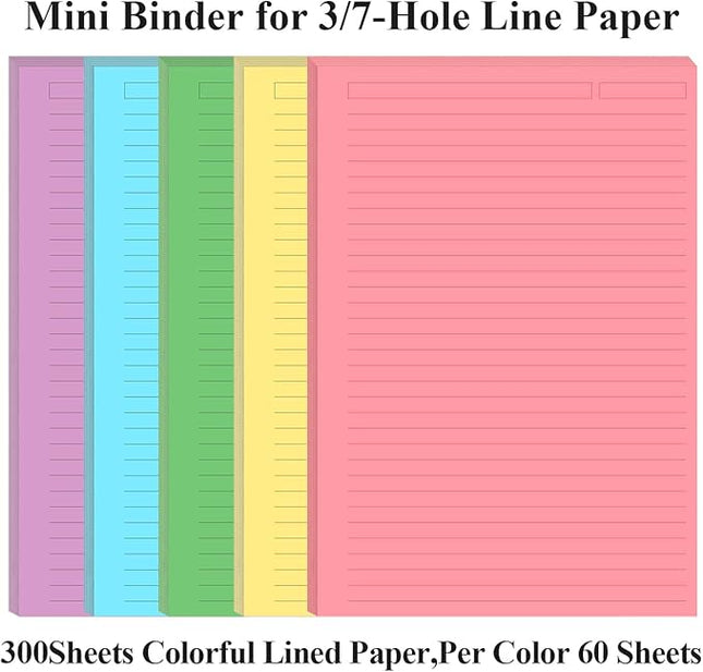 (3-Pack) Unpunched 5 Colorful Line Paper - 300 Sheets/600 Pages Loose Leaf Paper Line Refills, Per Color 60 Sheets, 5.8" x 8.5"