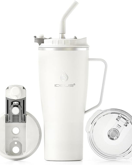Ideus 32 oz Tumbler with Handle and Straw, Vacuum Insulated Stainless Steel Travel Mug, 100% Leakproof, Cup Holder Friendly, White