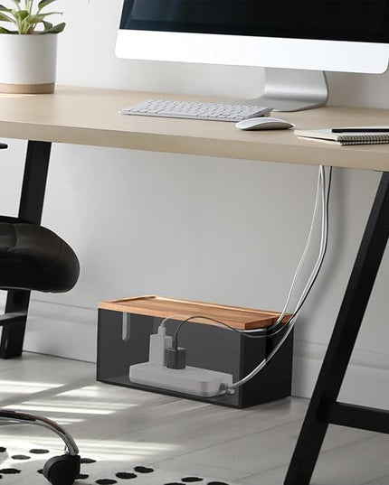 Wood Cable Management Box - Cable Organizer Box - 2 Open Slots Cords Hider Box - Under Desk Cord Organizer for Power Strip Extension Cord Surge Protector Charger Wire, Black