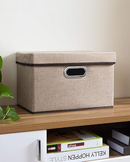 PRANDOM Collapsible Storage Cubes with Lids [3-Pack] Jute Fabric Foldable Storage Boxes Organizer Containers Baskets Bins with Cover for Home Bedroom Closet Office Nursery (14.9x9.8x9.8)