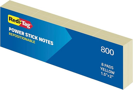 Redi-Tag Power Stick Notes, Mini Sticky Notepads, 1.5 x 2 inch, Sticky Notes for School, Office, Home and Classroom, Adhesive Reminder Pads in Yellow, 8 Pads per Pack (1016929)