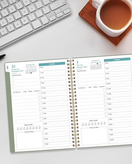 Daily Planner 2026 Full Page Per Day- 2026 Daily & Monthly Planner from January 2026 to December 2026, Day Planner 2026 with 12 Months Tabs, 6.4" x 8,5", Green