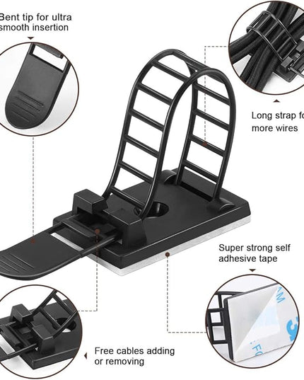 100Pcs Adhesive Cable Management Clips with 50Pcs Zip Ties, Adjustable Nylon Cable Strap Ties Wire Clips Clamps Organizer with Strong Adhesive Tape, Extra Screw & Hole - 3.55 Inch Black