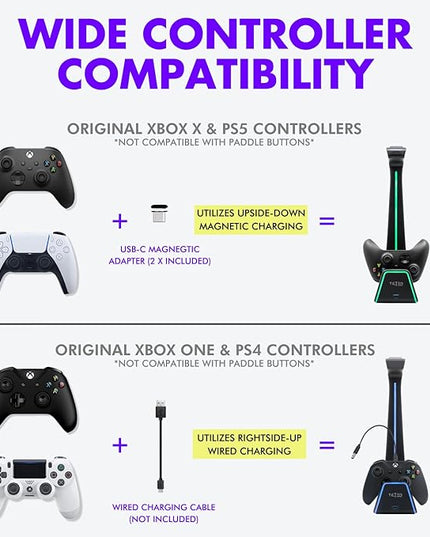 Tilted Nation 3 in 1 Gaming Headset and Controller Stand for PS5 and Xbox Series X Charging Station - Game Controller Holder and Headphone Stand for Desk with PlayStation and Xbox Magnetic Charger