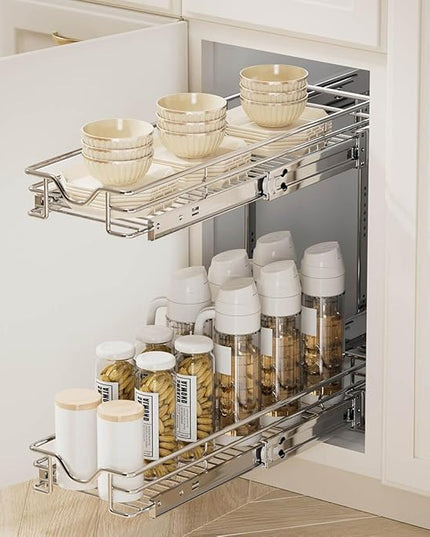 OCG 2 Tier Pull Out Cabinet Organizer (7.5" W x 21.5" D), Pull Out Drawers for Kitchen Cabinets, Pull Out Shelves for Base Cabinet Organization in Kitchen Bathroom Pantry, Chrome Finish