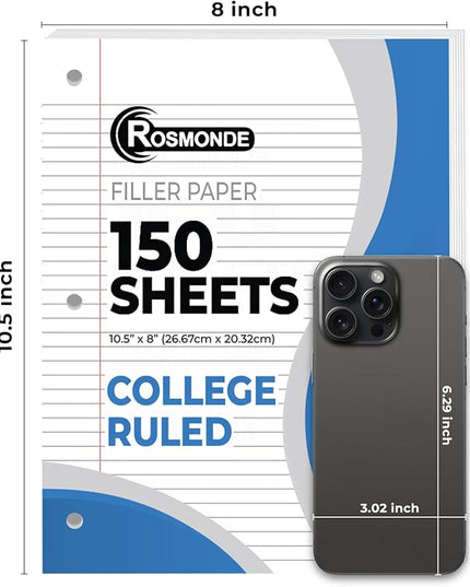 Rosmonde Loose Leaf Paper, 450 Sheets, 3 Pack, College Ruled Paper, 8" x 10.5", Bulk Office Filler Paper, 3 Hole Punched, 150 Sheets/Pack, 56 gsm Paper, College Ruled Notebook Paper for Binder, White
