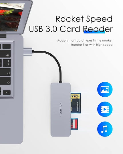 LENTION USB A Card Reader, 3-in-1 USB 3.0 to CF/SD/Micro SD Card Adapter, Read for SDXC, SDHC, MMC, RS-MMC, Micro SDXC, Micro SD, Micro SDHC and UHS-I Cards, CF Type I (CB-H12, Space Gray)
