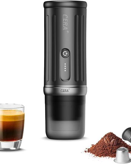 CERA+ Self-Heating Portable Espresso Machine,Up to 8 Cups per Charge & 20 Bar, 3 * 4500mAh, CERApresso Works with NS Capsules & Grounds, Electric Coffee Maker for Camping,Hiking,Office,Car,Travel