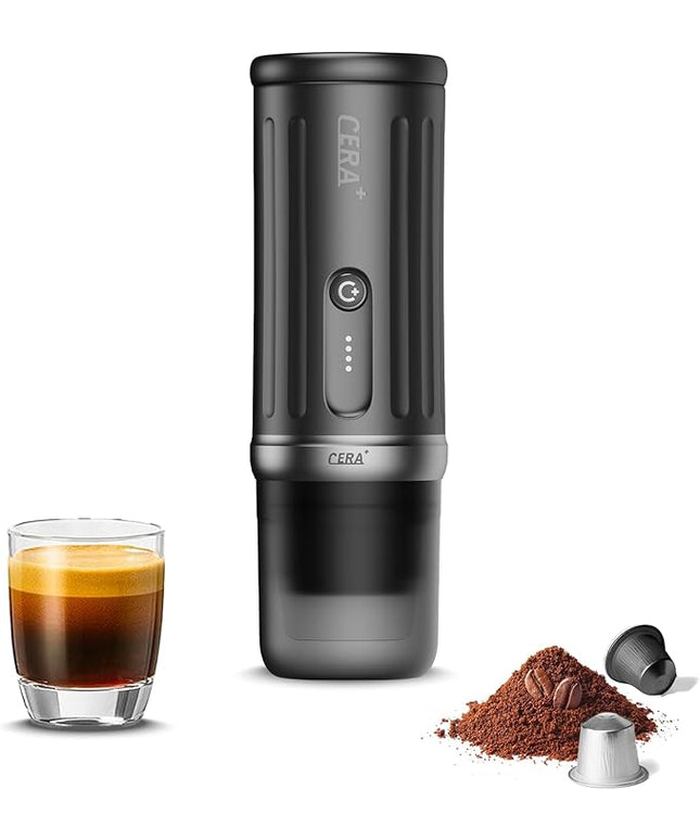 CERA+ Self-Heating Portable Espresso Machine,Up to 8 Cups per Charge & 20 Bar, 3 * 4500mAh, CERApresso Works with NS Capsules & Grounds, Electric Coffee Maker for Camping,Hiking,Office,Car,Travel