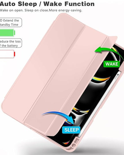 ZryXal iPad Pro 11 Inch Case (M5) 2025/ (M4) 2024 (Model: A2836/A2837/A3006), Trifold Stand Smart Cover with Pencil Holder and Soft TPU Back, Auto Wake/Sleep (Rose Pink)