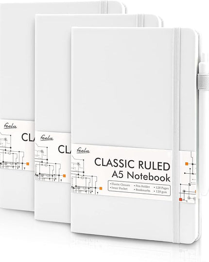 feela 3 Pack Notebooks Journals Bulk, Hardcover Notebook Classic Ruled Lined Journals with Pen Holder for Women Girls School Business Supplies, with 3 Black Pens, 120 GSM, 5.1”x8.3”, A5, White