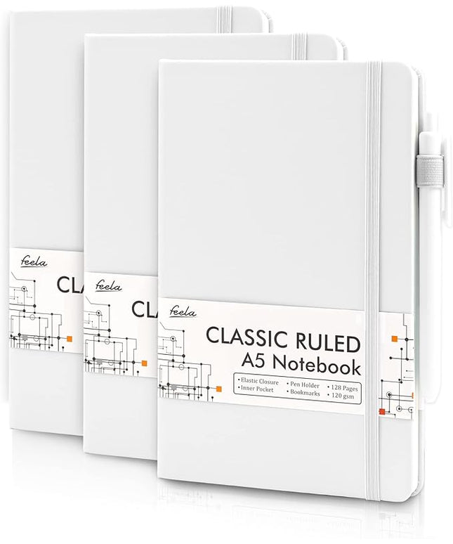 feela 3 Pack Notebooks Journals Bulk, Hardcover Notebook Classic Ruled Lined Journals with Pen Holder for Women Girls School Business Supplies, with 3 Black Pens, 120 GSM, 5.1”x8.3”, A5, White
