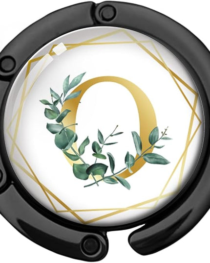 Gold Initial Foldable Purse Hook Gifts, Eucalyptus Letter Handbag Hanger, Women's Bag Hanger Holder, Round Purse Table Hook, Funny Desk Decor Gifts for Women Coworker Friend (Eucalyptus O)