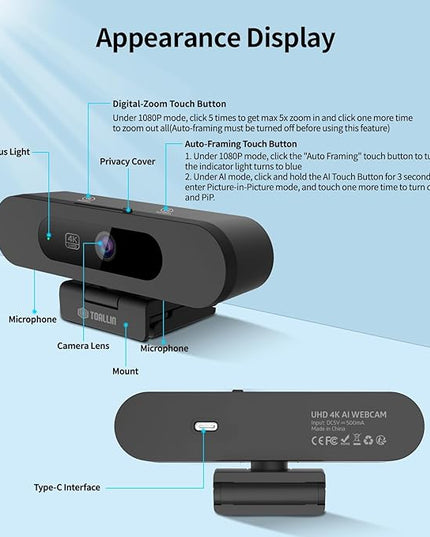 TOALLIN 4K Webcam with WDR, AI Framing & Tracking, Picture-in-Picture, Built-in Dual Mics, 5X Adjustable Digital Zoom, Image Mirroring, 92° FOV Webcam for Conferencing, Streaming, Video Calls