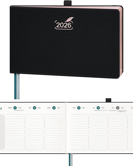 BEZEND 2026 Planner Weekly and Monthly (9" x 5.5") Calendar Book with Daily Vertical Timeslot & Note (Jan-Dec), Equal Space Even Weekends, Work Home Women, PU Leather Hardcover - Black