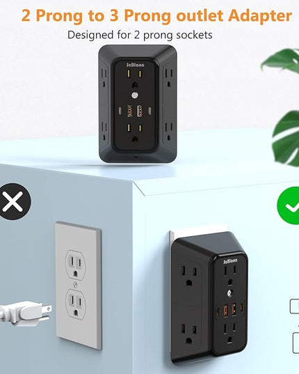 USB Wall Charger Power Strip Surge Protector with 4 USB Ports (2 USB C) Plug Extension Multiple Outlets Plug Extension Multi Outlet Plug in Adapter Spaced Outlets for Home Office Travel,White (Black)