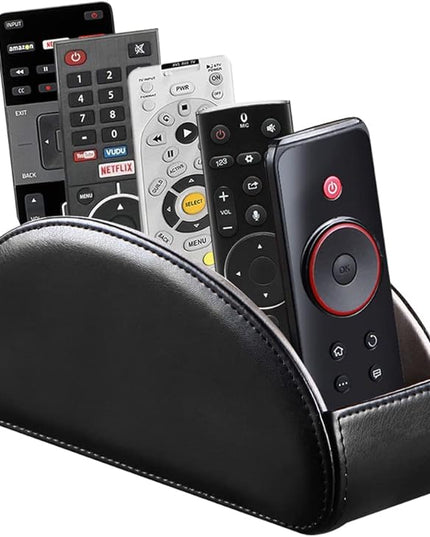 Arniche PU Leather Remote Control Holder with 5 Compartments - Storage Tray & Desktop Organizer for TV Remotes,Glasses,Pens,Accessories - Space-Saving Design for Bedside Table & Office Desk (Black)