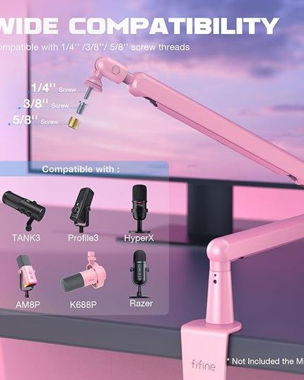FIFINE Low Profile Boom Arm Mic Stand, Microphone Stand with Cable Management Channel, Desk Clamp, Screw Adapter for Streaming Podcast Recording, Adjustable Metal Mic Boom Arm Pink-BM88P