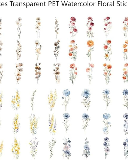 120 Pieces Vintage Transparent PET Floral Stickers for Journaling, 4 Styles Watercolor Flower Set, Decorative Sticker for Scrapbooking, Junk Journal Supplies, Collage