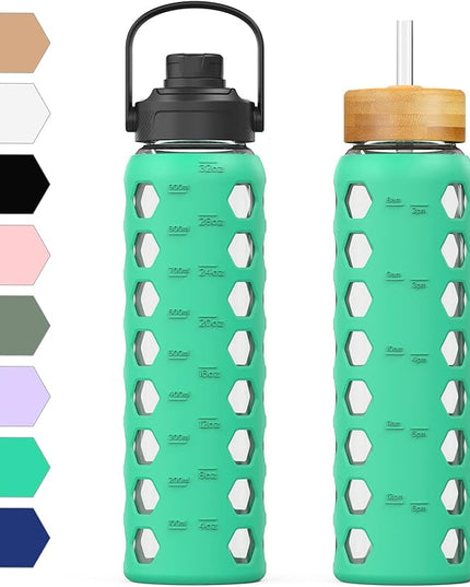 MUKOKO 32oz Glass Water Bottles with 2 Lids-Handle Spout Lid&Bamboo Straw Lid, Motivational Water Tumbler with Time Marker Reminder and Silicone Sleeve, Leakproof-Green-1 Pack