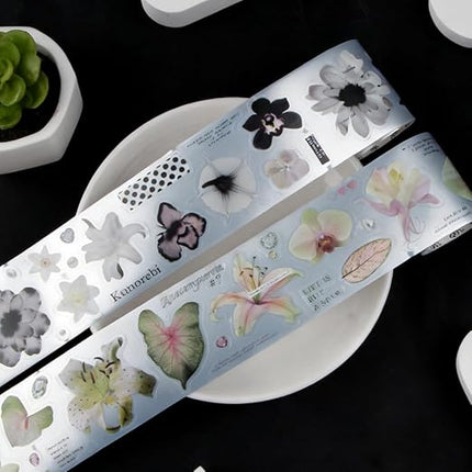 Qojai 2 Rolls Vintage Floral Washi Tape Stickers Matte Silver Die-Cut Plant Flower Washi Tape for Journaling Scrapbook Supplies Pretty Wide Washitape Decorative Tapes for Crafts Scrap Booking Supples