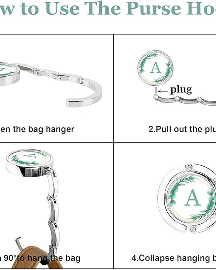 XSUIOY 3Pcs Personalized Initial Foldable Purse Hook for Table,Crushed Flower Letters Folding Purse Hanger,Purse Holder Handbag Hanger Collection Desk Table Bag Hooks Gifts for Women Bag(Green-L)