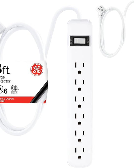 GE 6-Outlet Surge Protector 2 Pack, 3 Ft Extension Cord, Power Strip, 450 Joules, On/Off Switch, Integrated Circuit Breaker, Heavy Duty, Warranty, UL Listed, White, 14709