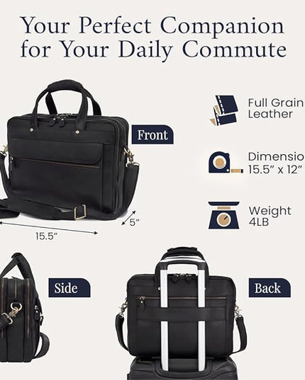 Luxorro Full Grain Leather Briefcase for Men, Top Choice Gifts for Men, Handcrafted Leather Laptop Bag with Multiple Compartments and Brass Hardware, Fits 15.6 Inch Laptop
