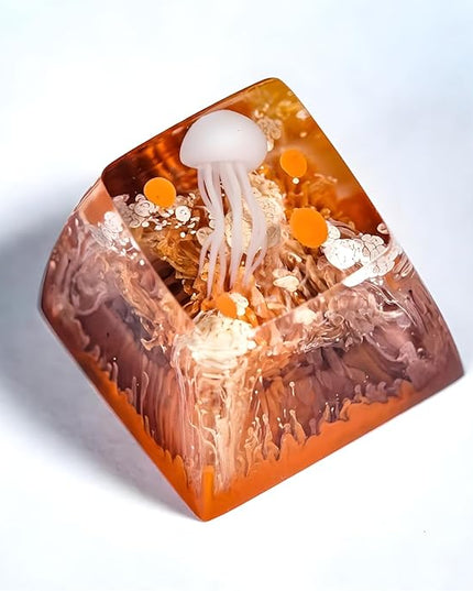 Jellyfish Artisan Keycap Golden Coral R1 SA Profile Custom Sea Creature Keycaps 1U ESC Handmade Gaming Sea Resin Key Cap Cherry MX Switch Compatible Mechanical Keyboard Jellyfish Lover Gift
