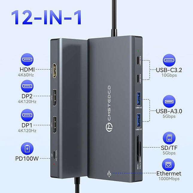 Laptop Docking Station 3 Monitor, 4K@120Hz Dual DisplayPort, 4K@60Hz HDMI, 12-in-1 USB C Hub, 10Gbps USBC 3.2, USB 3.0, PD100W, Ethernet SD/T, Triple Docking Station Multiport Adapter for Windows
