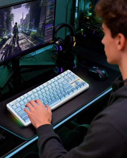 Aula F87 Pro Gaming Keyboard, Tri-Mode BT5.0/2.4GHz/USB-C Hot-Swappable RGB Wireless Mechanical Keyboard, Gasket Mount, 8000mAh, for Windows/Mac Gamer & Typists（LEOBOG Gray Wood Switch V4）