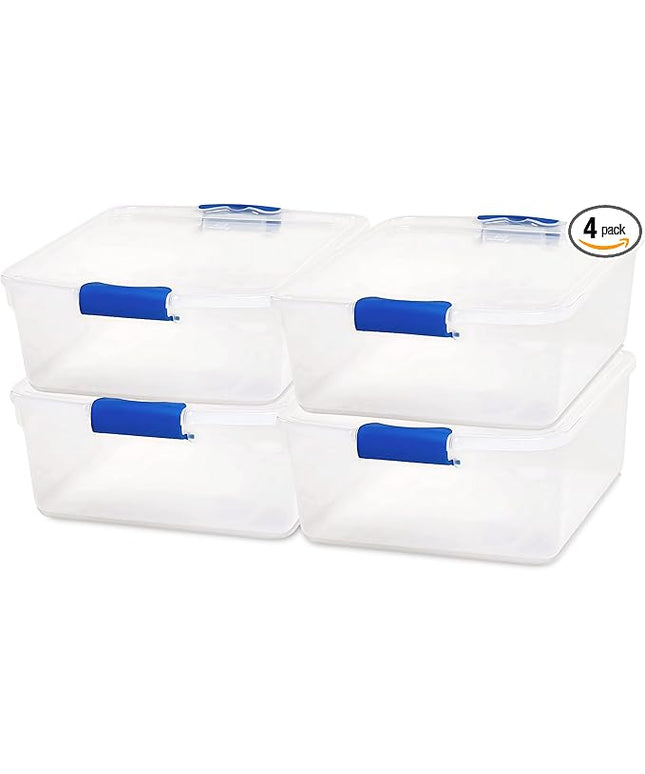 HOMZ 4-Pack Latching Lid, Small Clear Plastic Storage Bins w/ Lids, 15.5 Quart, Blue Latch - Stackable Container Boxes for Home, Bathroom, and Office Organization