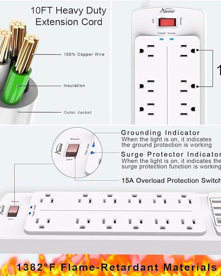 Power Strip, ALESTOR Surge Protector with 12 Outlets and 4 USB Ports(1 USB C Port), 10 Feet Extension Cord (1875W/15A), 2700 Joules, ETL Listed, White