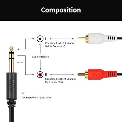 SiYear Gold-Plated 6.35mm 1/4 inch Male TRS Stereo Plug to 2 RCA Phono Male Audio Y Splitter Cable,Connector Wire Cord Plug (1.5M)