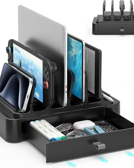 KDD Vertical Laptop Stand with Drawer - 7-in-1 Space-Saving Laptop Holder with Gravity Locking Fits MacBook, Dell, HP, Chromebook, Surface Pro, Tablet, Cell Phone, Switch, Keyboard Desktop Organizer
