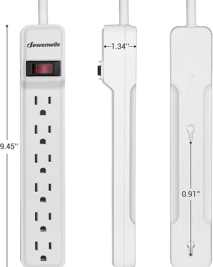 DEWENWILS 2-Pack 6-Outlet Power Strip Surge Protector with 6Ft Long Extension Cord, Low Profile Flat Plug, 15 Amp Circuit Breaker, 500 Joules, Wall Mount, White, UL Listed