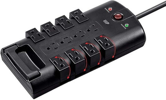 Monoprice 12 Outlet Rotating Power Strip Surge Protector Block -10 Feet Heavy Duty Cord, UL Rated, 4320 Joules, 330 Volts Clamping Voltage, With Grounded And Protected Light Indicator - Black