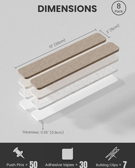 Cork Board Alternative Felt Strip Board 8-Pack 13"x2", Office Pin Board with 50 Push Pins, Adhesive Install for Bedroom Door & Home Office(Stone Beige)