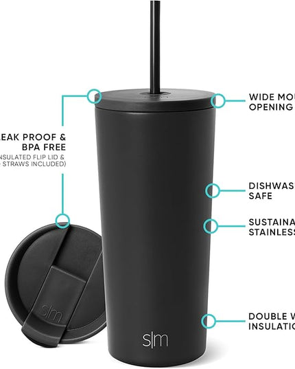 Simple Modern Insulated Tumbler with Lid and Straw | Iced Coffee Cup Reusable Stainless Steel Water Bottle Travel Mug | Gifts for Women Men Her Him | Classic Collection | 20oz | Midnight Black