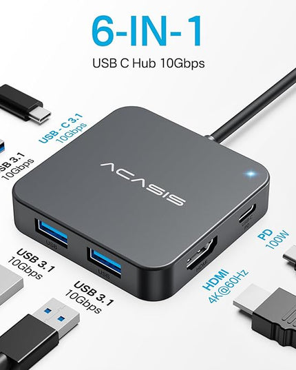 USB C Hub 10Gbps, Multiport Adapter with 4K 60Hz HDMI, 100W Power Delivery, 3 USB A3.1+1 USB-C 3.1 Data Port, USB to HDMI Adapter for MacBook, Dell, Lenovo, Surface, iPad PRO, XPS(Grey)