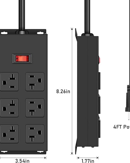 JUNNUJ 20 Amp Power Strip Heavy Duty 2 Pack, Garage 6 Outlets Metal 12 Gauge Surge Protector 3000J, High Amp 5-15P Adapter Shop 6-20R T-Slot Industrial (6AC 2-Pack, 4FT)