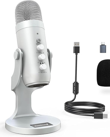 ZealSound USB Microphone,Condenser Computer PC Mic,Plug&Play Gaming Microphones for PS 4&5.Headphone Output&Volume Control,Mic Gain Control,Mute Button Vocal,YouTube Podcast on Mac&Windows(Silver)