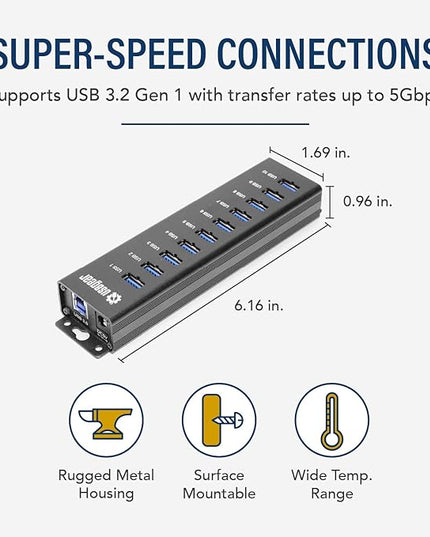 USBGear 10-Port USB 3.2 Gen 1 Mountable Charging and SuperSpeed Data Hub with 5V/4A Power Adapter and USB Type-A to Type-B Cable Up to 900mA per Port Charging Function Wall and Surface Mounting