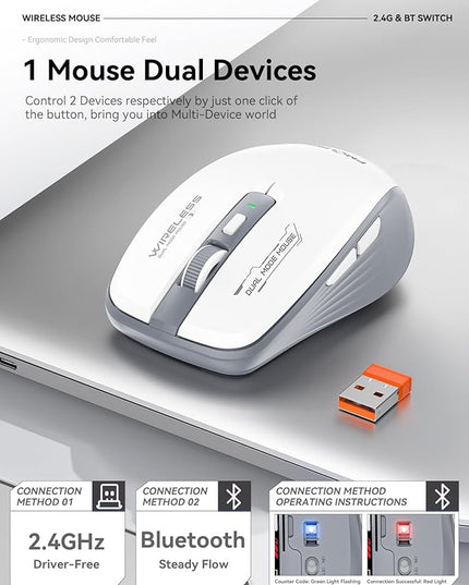 Wireless Mouse (Bluetooth & 2.4GHz USB) with Forward/Backward Side Keys, Silent Click, Ergonomic Portable AA Battery Mice for Laptop/Mac/iPad - Office & Travel Use, White & Grey