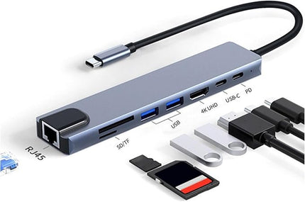 USB C Hub – Type C 8 in 1 Docking Station Adapter | 4K 100Mbps Ethernet USB Card Reader Function Hub | Laptop Tablet Expansion Solution for Office Work Travel and Daily Use